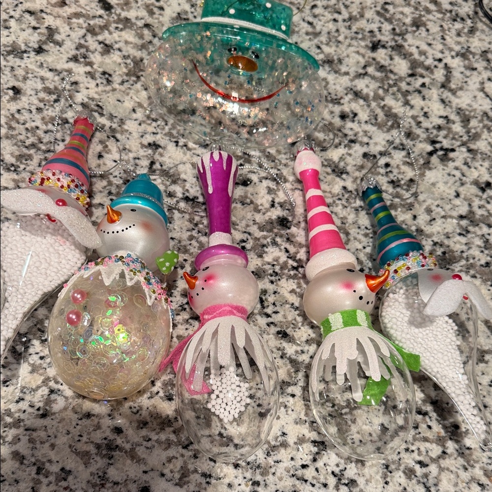 Pastel Glass Snowman & Santa Ornament Set